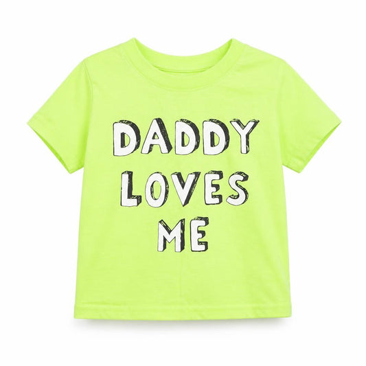 Front view of Primark boys’ green polyester basic t-shirt, size 9-12, months round neck pullover - daddy loves me