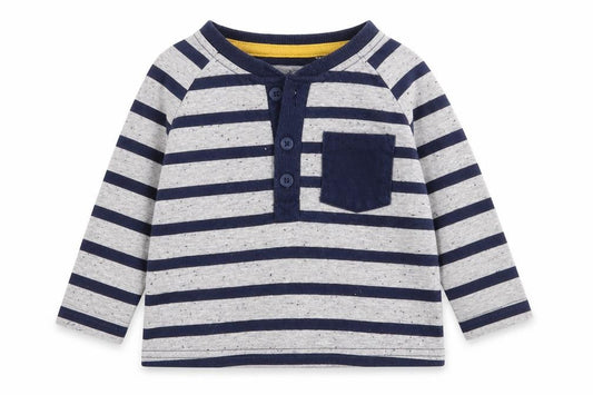 Front view of George boys’ grey striped cotton basic t-shirt, size 6-9, months round neck button