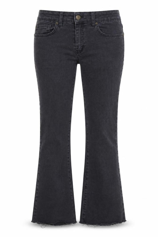 Front view of Brownie women’s black cotton bootcut jeans, size S, 25-inch leg regular zip