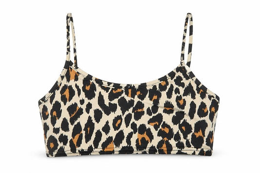 Front view of Boohoo women’s brown animal print polyester cropped tank, size UK 10, round neck - leopard print
