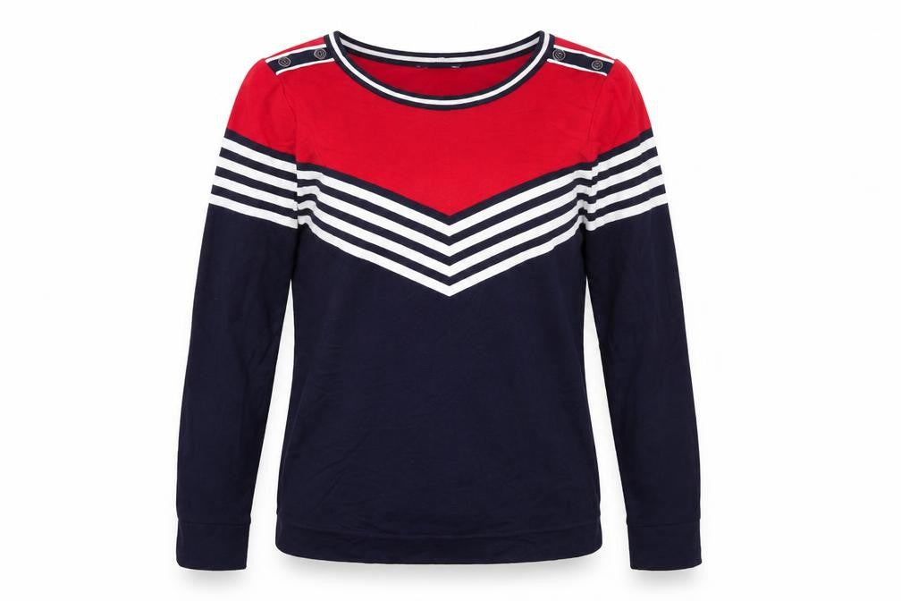 Front view of Classics women’s blue round neck striped polyester jumper, size UK 10, - button detail on shoulder