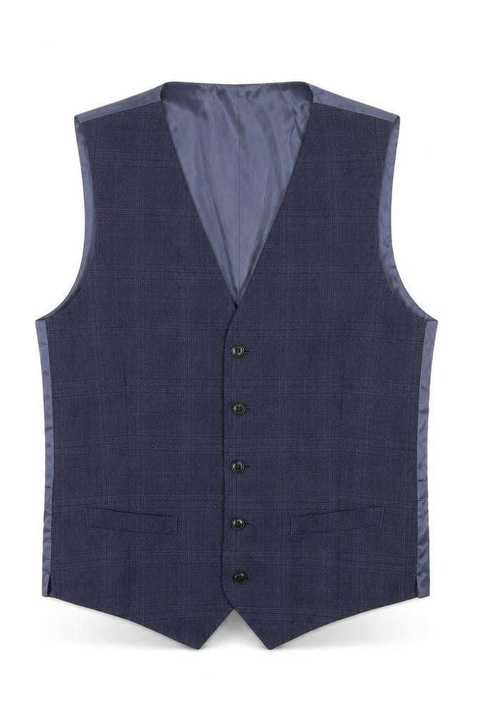 Marks and Spencer Mens Blue Plaid Wool Jacket Suit Waistcoat Size L