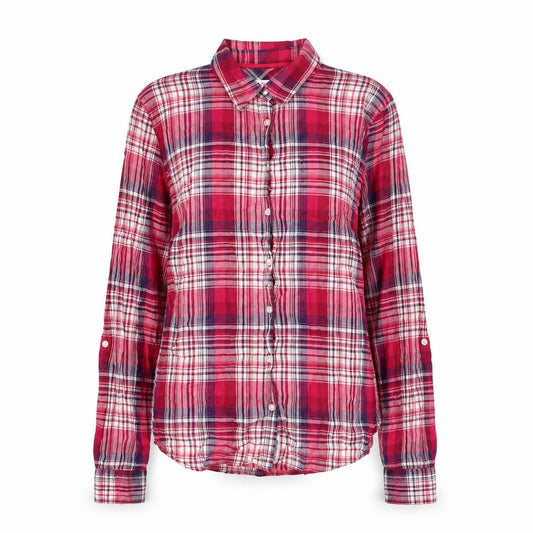 Front view of Aeropostale women’s pink plaid cotton basic button-up, size M, collared