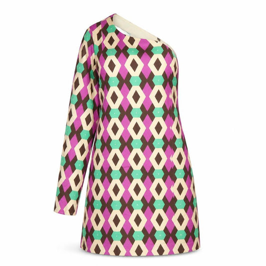 Front view of Zara women’s multicoloured geometric polyester a-line, size M, one shoulder zip