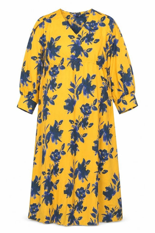 Front view of Lulusar women’s yellow floral polyester kaftan, size L, v-neck drawstring
