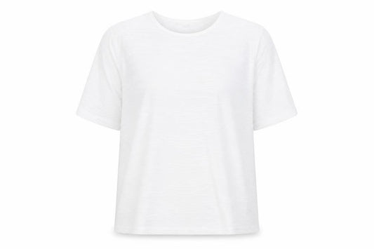 Front view of EWM women’s white polyester basic t-shirt, size XL, round neck - textured