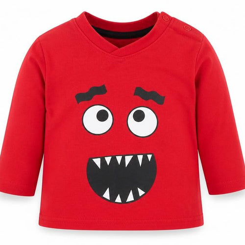 Primark Baby Red Cotton Basic T-Shirt Size 0-3 Months Round Neck Snap - Monster Face