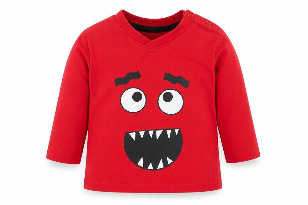 Primark Baby Red Cotton Basic T-Shirt Size 0-3 Months Round Neck Snap - Monster Face