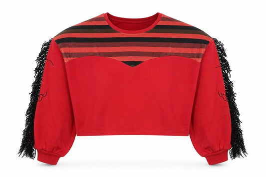Front view of Oh My Days women’s red striped polyester pullover sweatshirt, size UK 12, pullover
