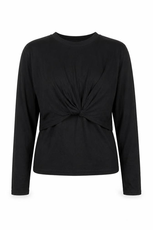 Front view of PRETTYLITTLETHING women’s black cotton basic t-shirt, size UK 10, round neck - knot detail