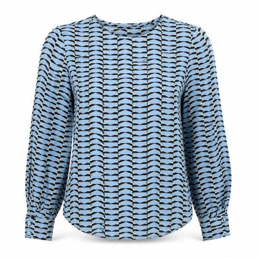 Front view of Autograph women’s blue geometric viscose basic blouse, size UK 6, scoop neck