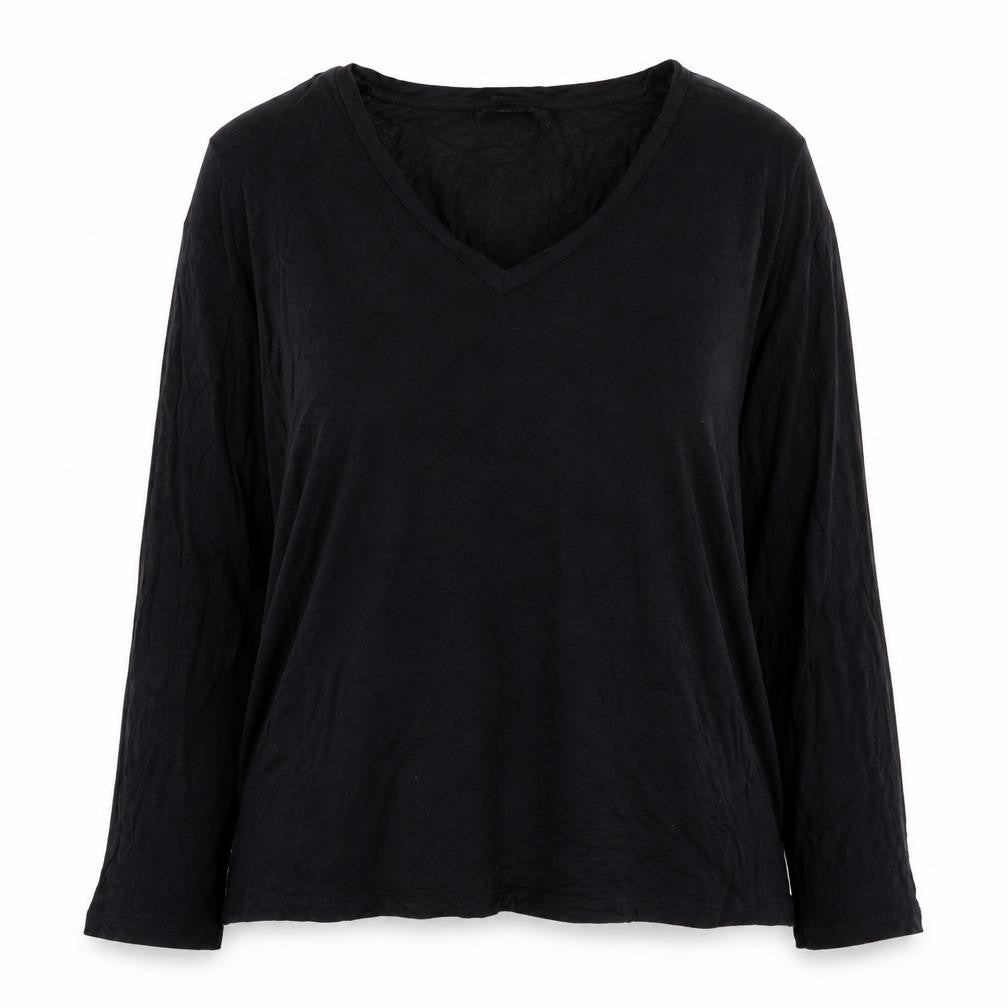 Front view of ASOS women’s black viscose basic t-shirt, size UK 8, v-neck