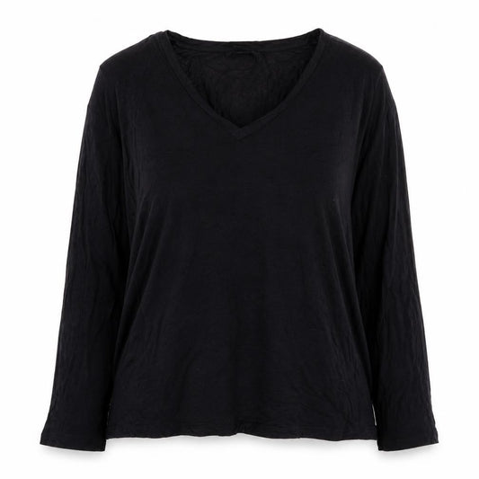 Front view of ASOS women’s black viscose basic t-shirt, size UK 8, v-neck