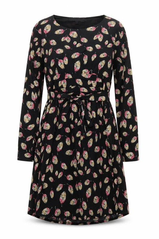 Front view of Rayzzo women’s black floral polyester a-line, size UK 12, boat neck pullover - leaf print