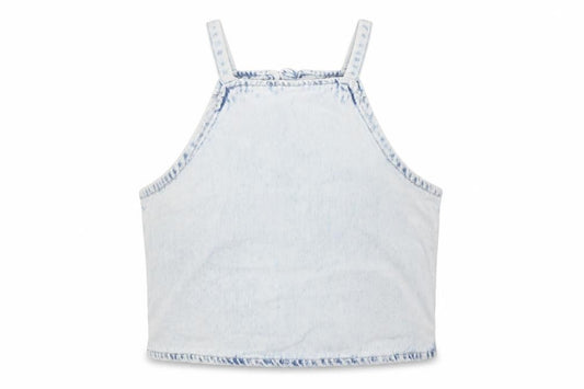 Front view of Zara girls’ blue 100% cotton basic tank, size 11-12, years square neck button
