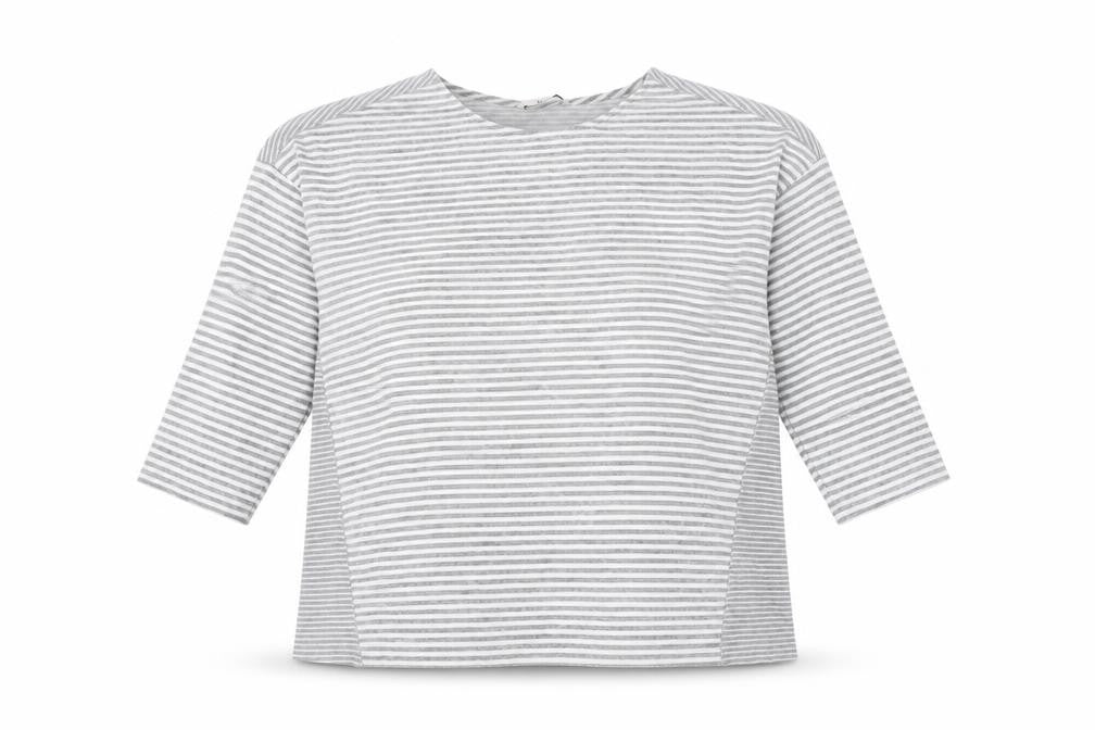 Front view of Tu women’s grey round neck striped polyester jumper, size UK 14