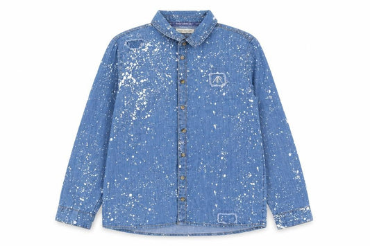 Front view of Angel & Rocket girls’ blue geometric cotton basic button-up, size 11, years collared button - splatter