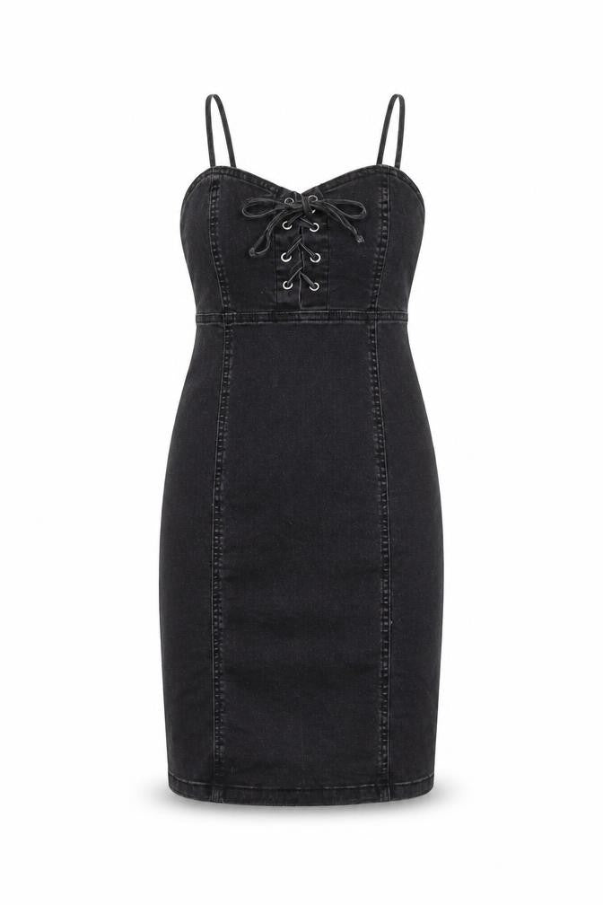Primark Womens Black Cotton Pencil Dress Size 6 Sweetheart Lace Up