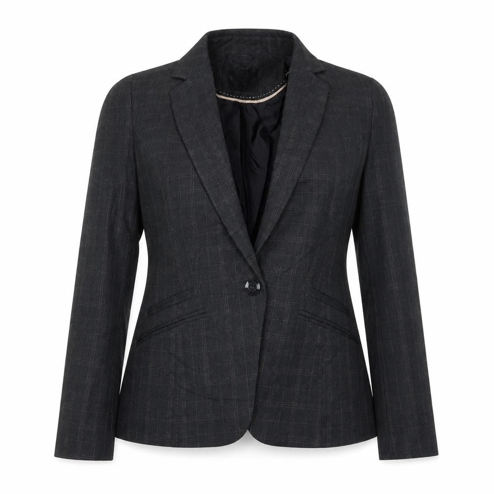 Front view of Atmosphere women’s grey check jacket blazer, size UK 14, button