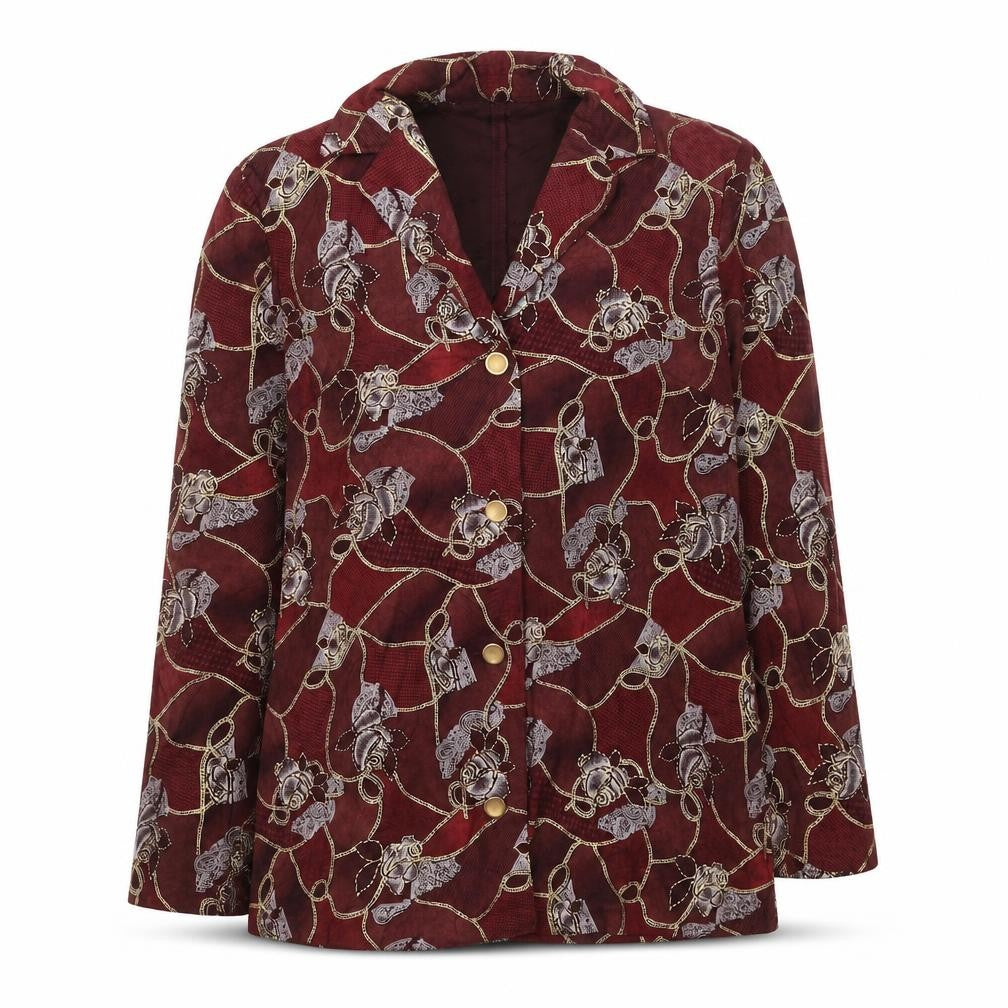 Front view of Daxon women’s red floral jacket blazer, size UK 12, button