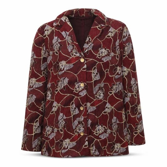 Front view of Daxon women’s red floral jacket blazer, size UK 12, button