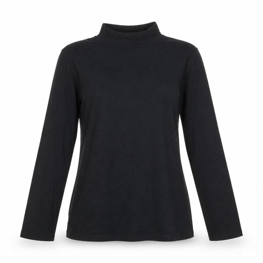 Front view of ASOS women’s black polyester basic t-shirt, size UK 10, high neck