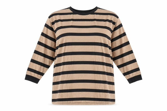 Front view of ASOS women’s brown striped cotton tunic t-shirt, size UK 8, round neck