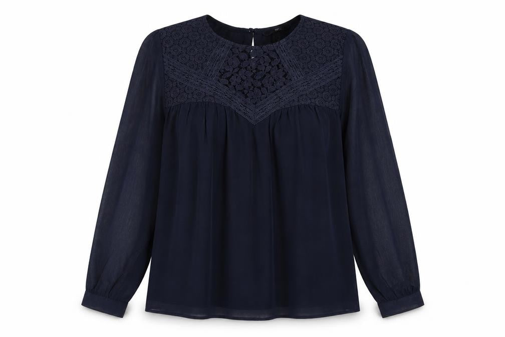 Front view of H&M women’s blue polyester basic blouse, size UK 8, round neck - lace detail