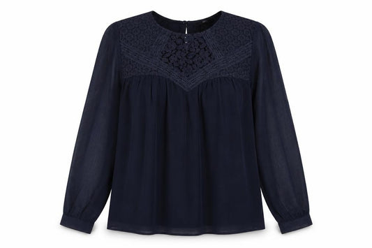 Front view of H&M women’s blue polyester basic blouse, size UK 8, round neck - lace detail