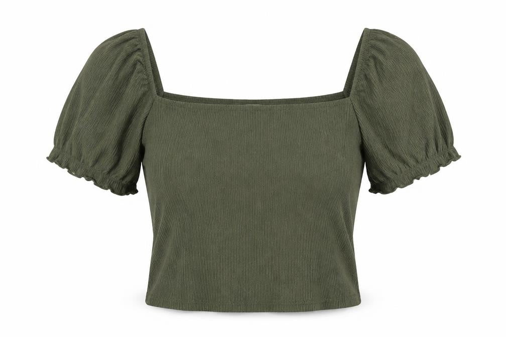 Front view of H&M women’s green polyester cropped blouse, size S, square neck