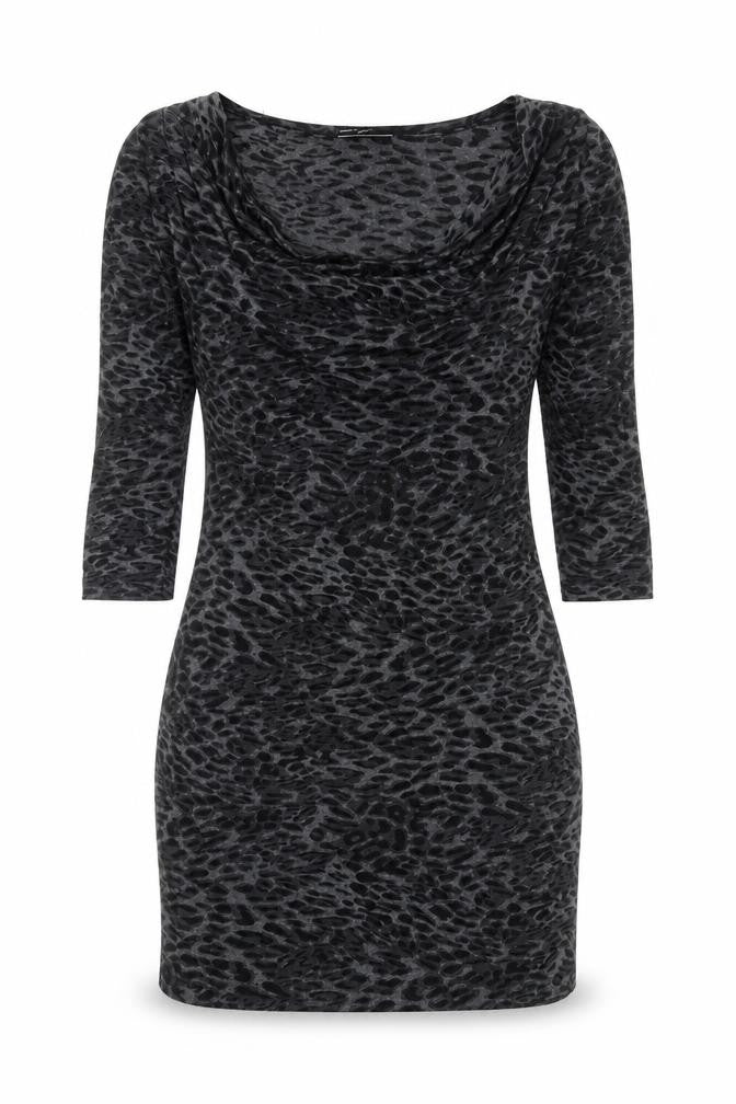 Front view of Warehouse women’s grey animal print polyester mini, size UK 6, cowl neck pullover - leopard print