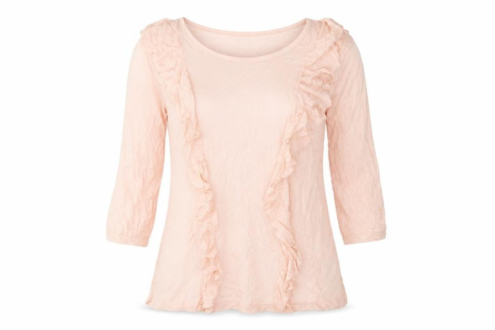 Front view of Ellos women’s pink viscose basic t-shirt, size UK 8, round neck