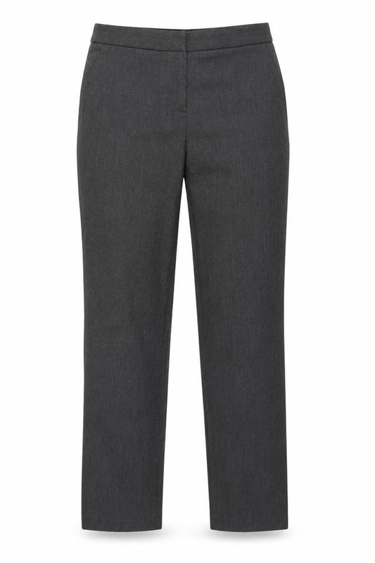 Front view of Aspire women’s grey polyester trousers, size UK 24, in, 30-inch leg regular button
