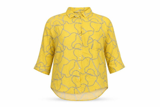 Front view of F&F women’s yellow geometric viscose basic button-up, size UK 6, collared