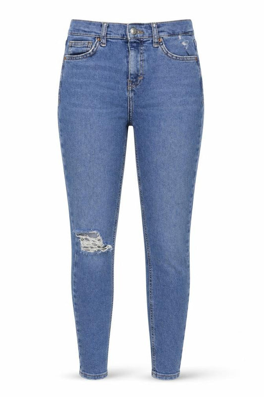 Front view of Topshop women’s blue cotton skinny jeans, size UK 26, in, 32-inch leg regular button - distressed look