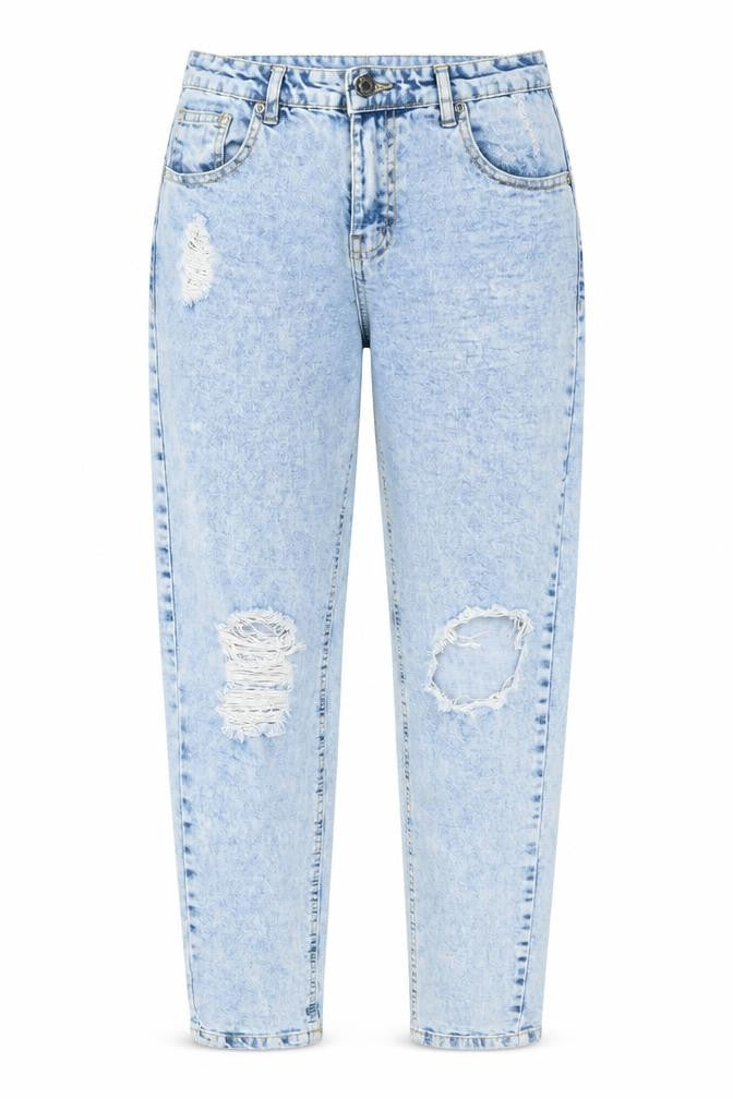 Front view of Select women’s blue cotton mom jeans, size UK 10, 26-inch leg regular button - distressed look