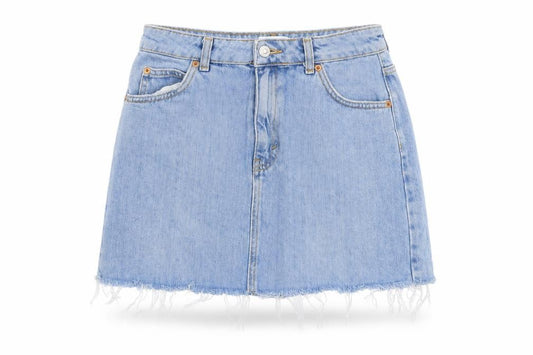 Front view of Topshop women’s blue cotton maxi skirt, size UK 10, button