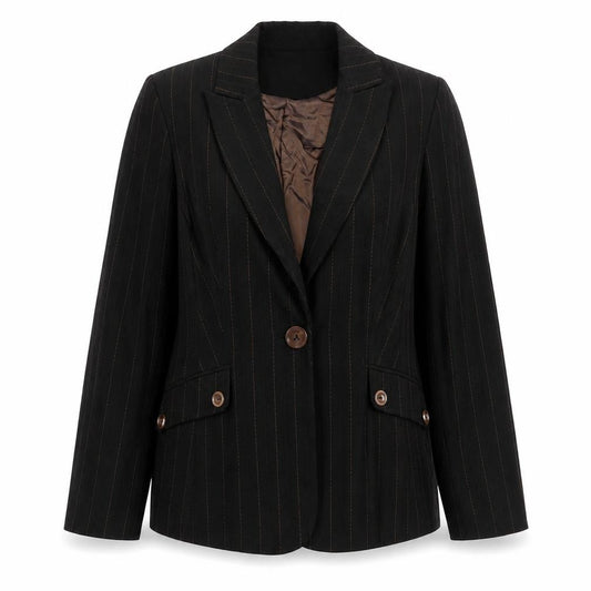 Front view of Principles women’s black striped polyester jacket blazer, size UK 14