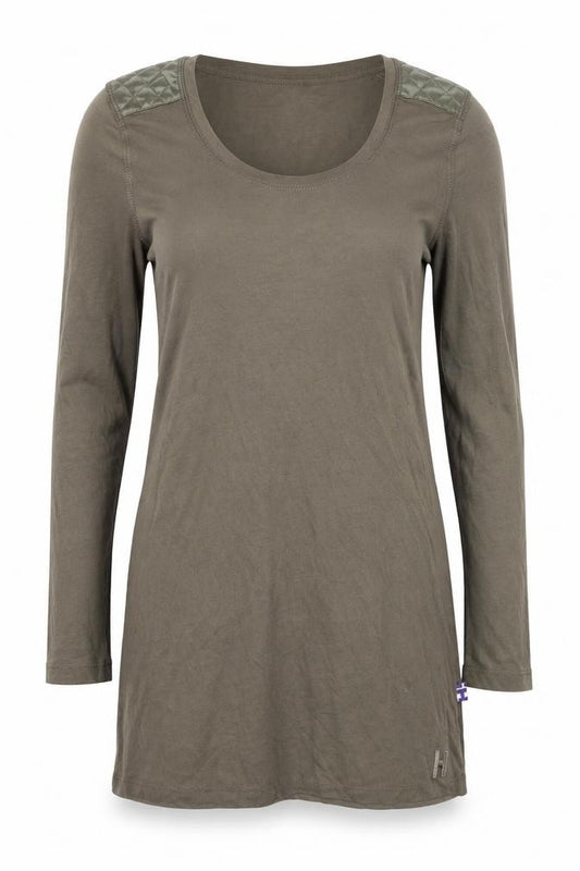 Front view of Debenhams women’s brown cotton tunic t-shirt, size UK 6, scoop neck - shoulder detail