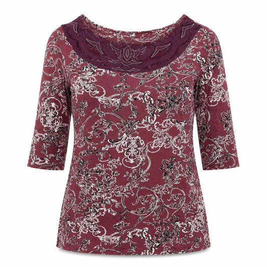 Front view of Next women’s red floral polyester tunic t-shirt, size UK 10, boat neck - lace detail