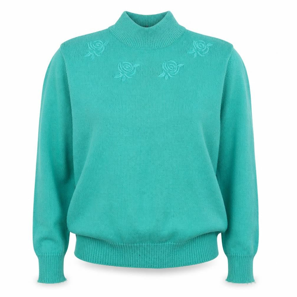 Poppy Womens Green Mock Neck Acrylic Pullover Jumper Size 10 - Flowers
