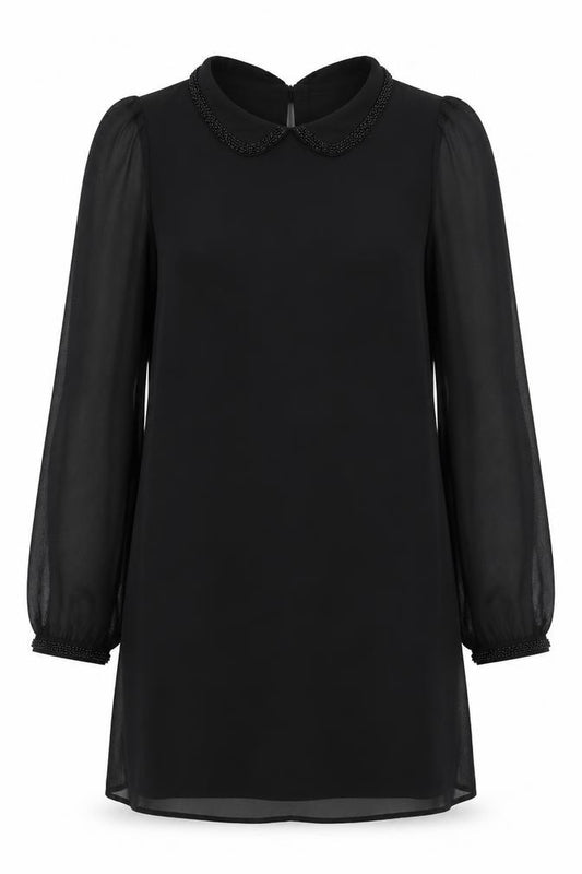 Front view of Next women’s black polyester shift, size UK 10, collared button