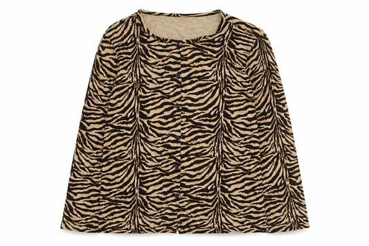 Front view of Liz Clairborne women’s yellow animal print cotton basic button-up, size M, round neck