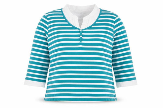 Front view of Damart women’s green striped cotton basic blouse, size L, v-neck