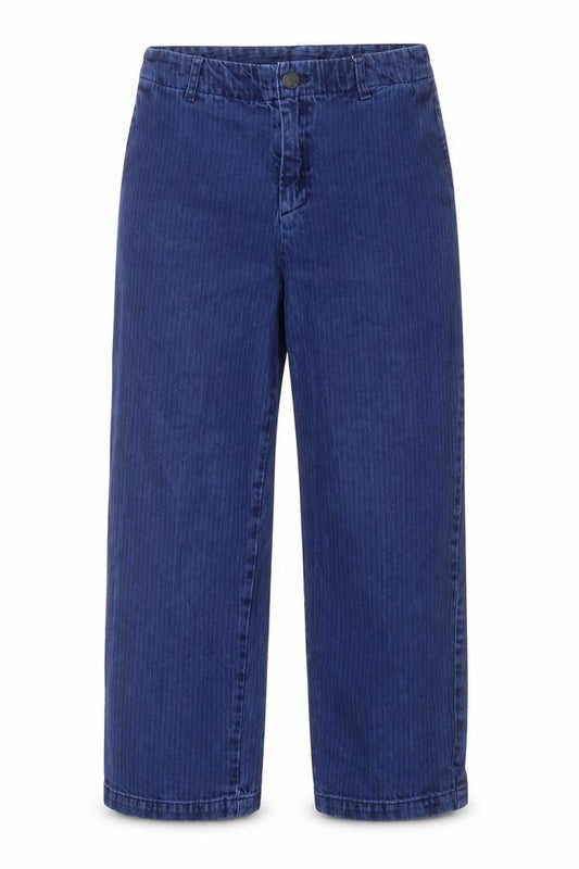 Front view of Monki women’s blue striped cotton cropped jeans, size UK 8, 23-inch leg regular button