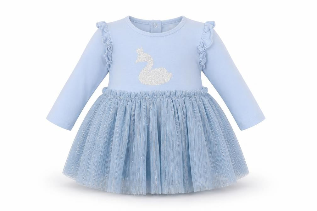 Front view of Vertbaudet girls’ blue cotton a-line, size 12, months crew neck button