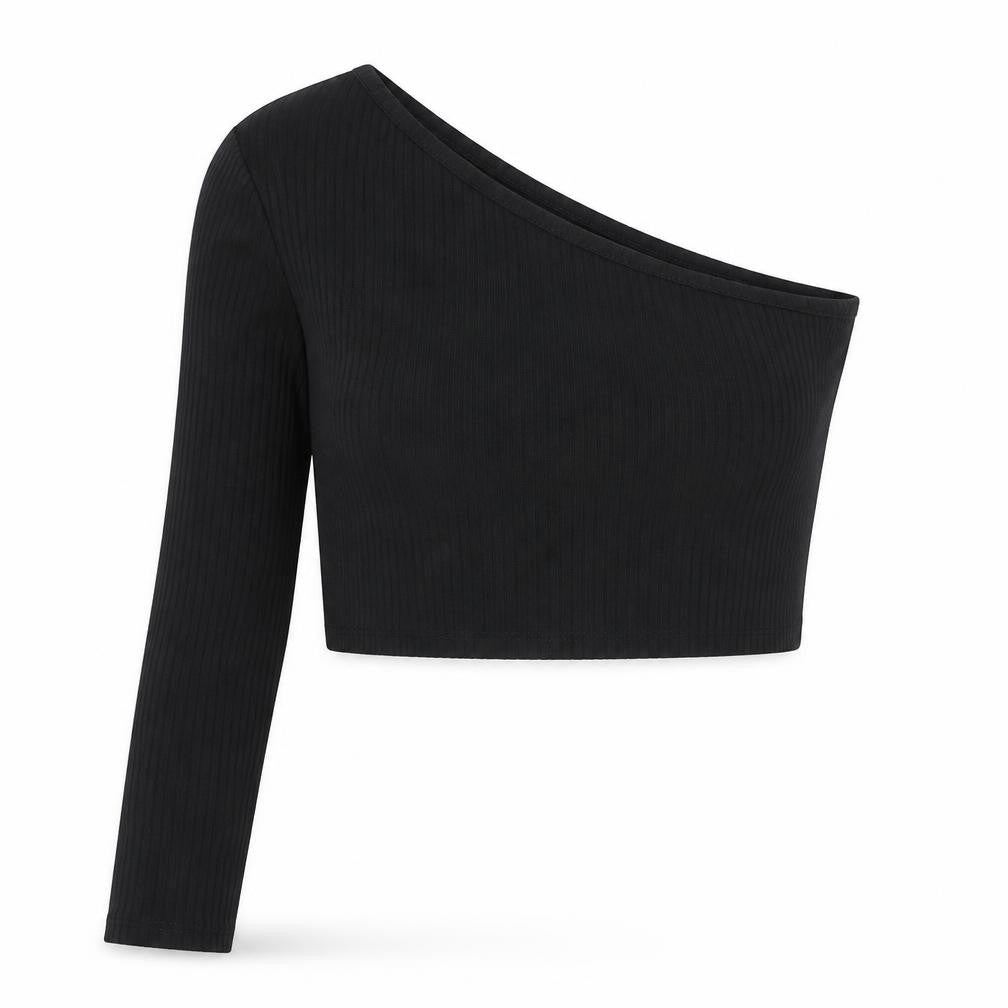 Front view of PRETTYLITTLETHING women’s black polyester cropped t-shirt, size UK 8, one shoulder