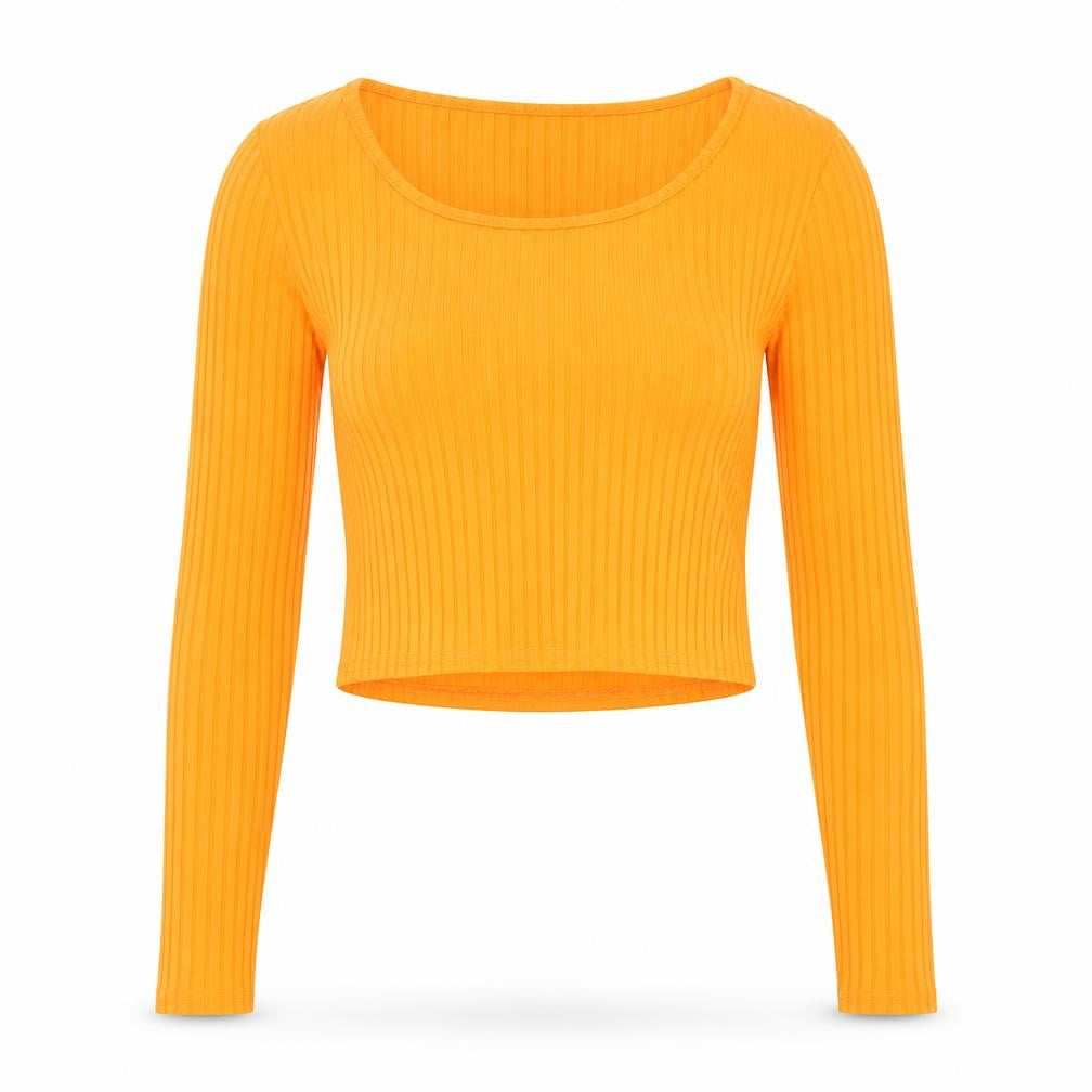 Front view of PRETTYLITTLETHING women’s orange polyester cropped t-shirt, size UK 8, crew neck