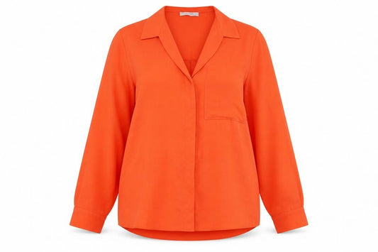 Front view of Primark women’s orange polyester basic button-up, size UK 12, collared