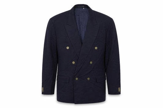 Front view of Button Hole men’s blue polyester jacket suit jacket, size 46